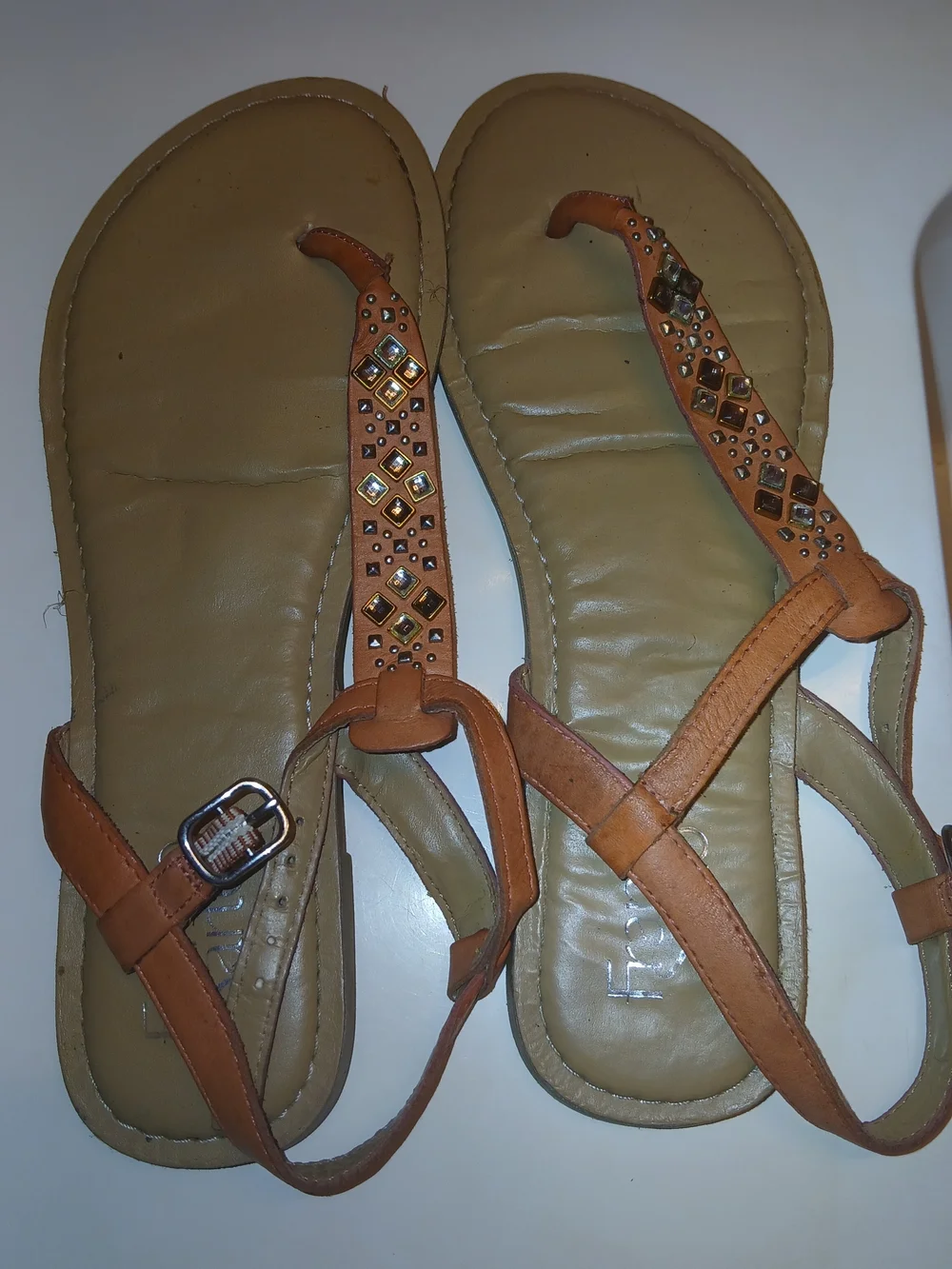Women’s Embellished Tan T-Strap Sandals